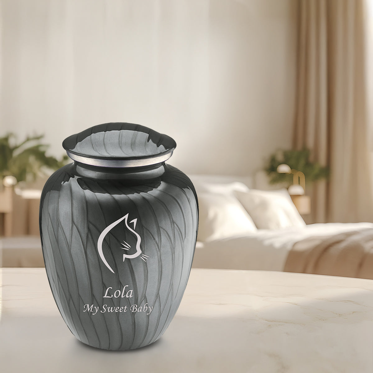 Large Embrace Pearl Silver Cat Pet Cremation Urn