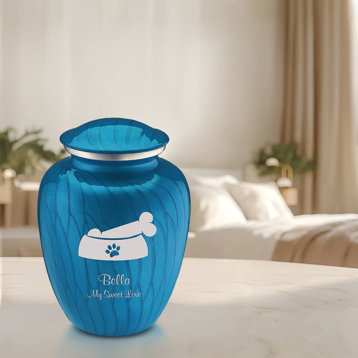 Large Embrace Pearl Racing Blue Pet Dog Bone Cremation Urn