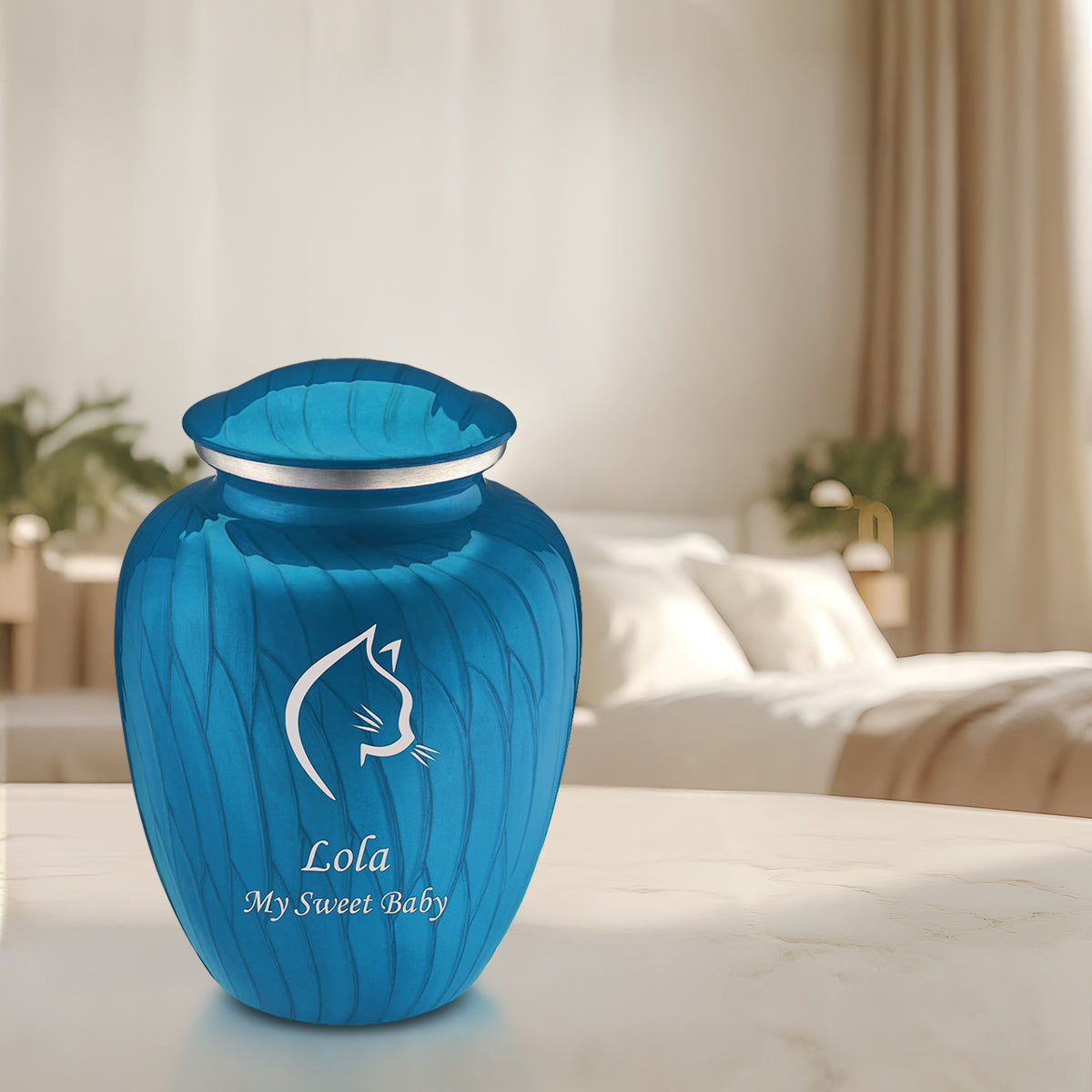 Large Embrace Pearl Racing Blue Cat Pet Cremation Urn