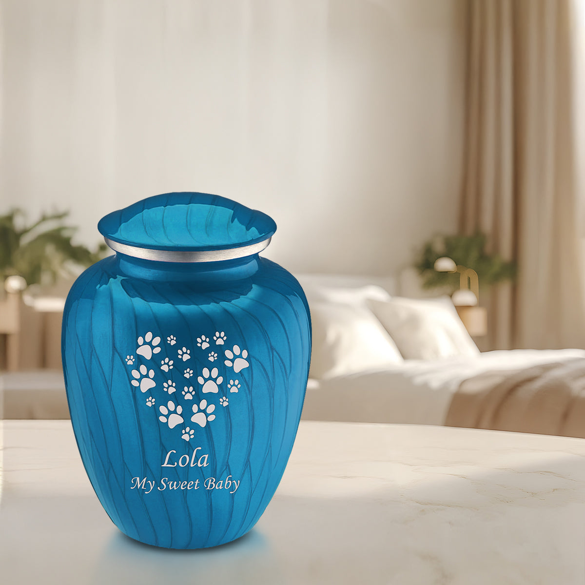 Large Embrace Pearl Racing Blue Heart Paws Pet Cremation Urn