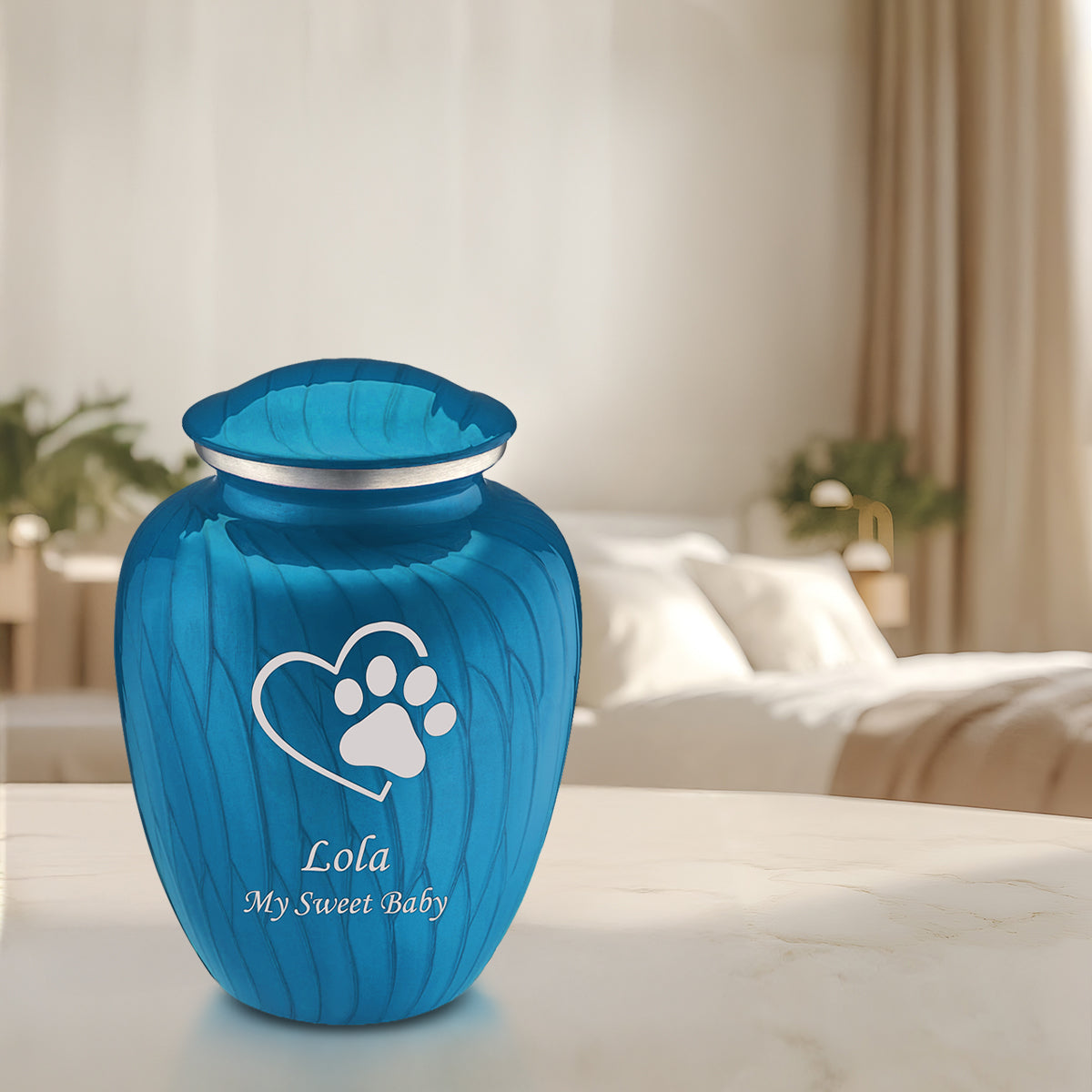 Large Embrace Pearl Racing Blue Single Paw Heart Pet Cremation Urn