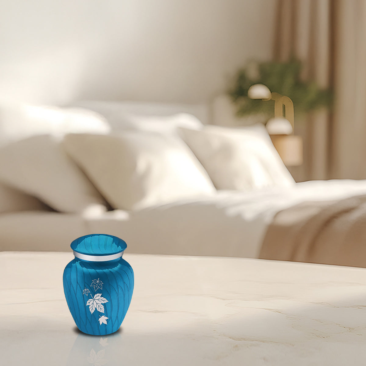 Keepsake Embrace Pearl Racing Blue Falling Leaves Cremation Urn