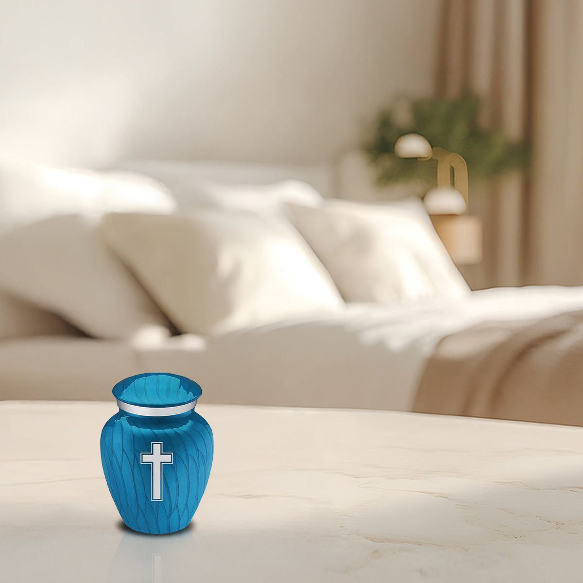 Keepsake Embrace Pearl Racing Blue Simple Cross Cremation Urn