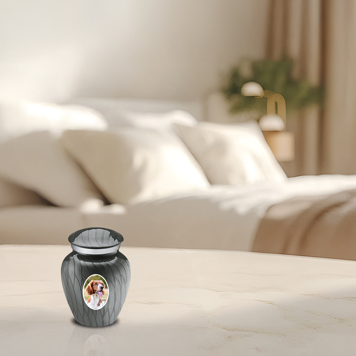Keepsake Pet Embrace Pearl Silver Portrait Cremation Urn