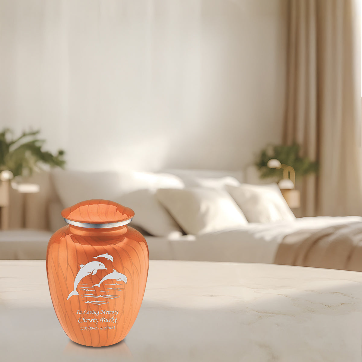 Medium Embrace Pearl Orange Dolphins Cremation Urn