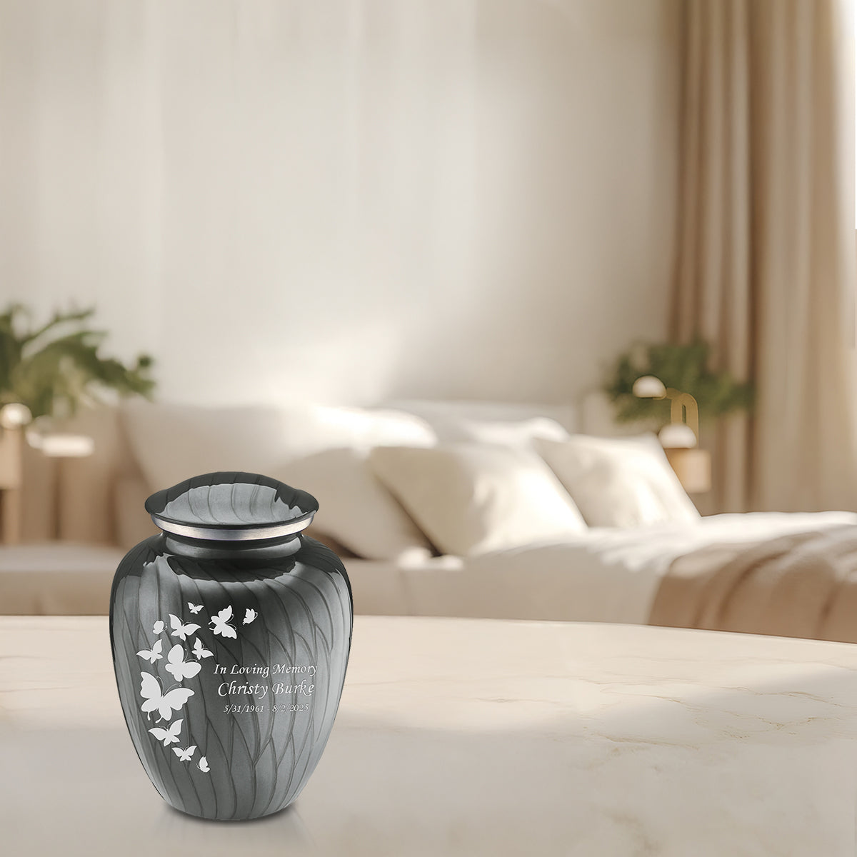 Medium Embrace Pearl Silver Butterfly Cremation Urn