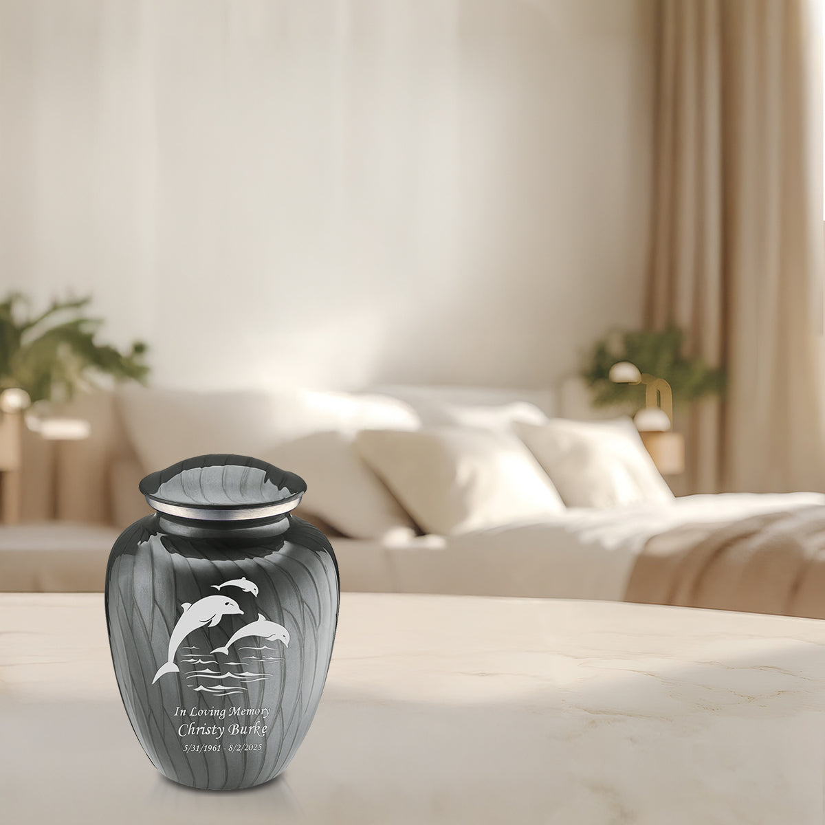 Medium Embrace Pearl Silver Dolphins Cremation Urn