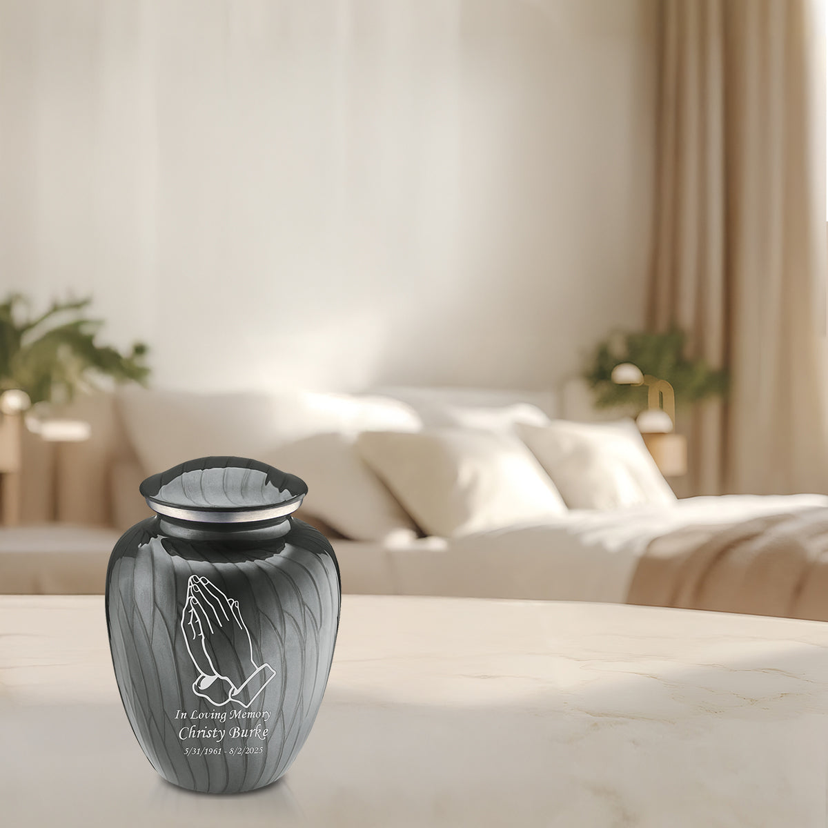Medium Embrace Pearl Silver Praying Hands Cremation Urn
