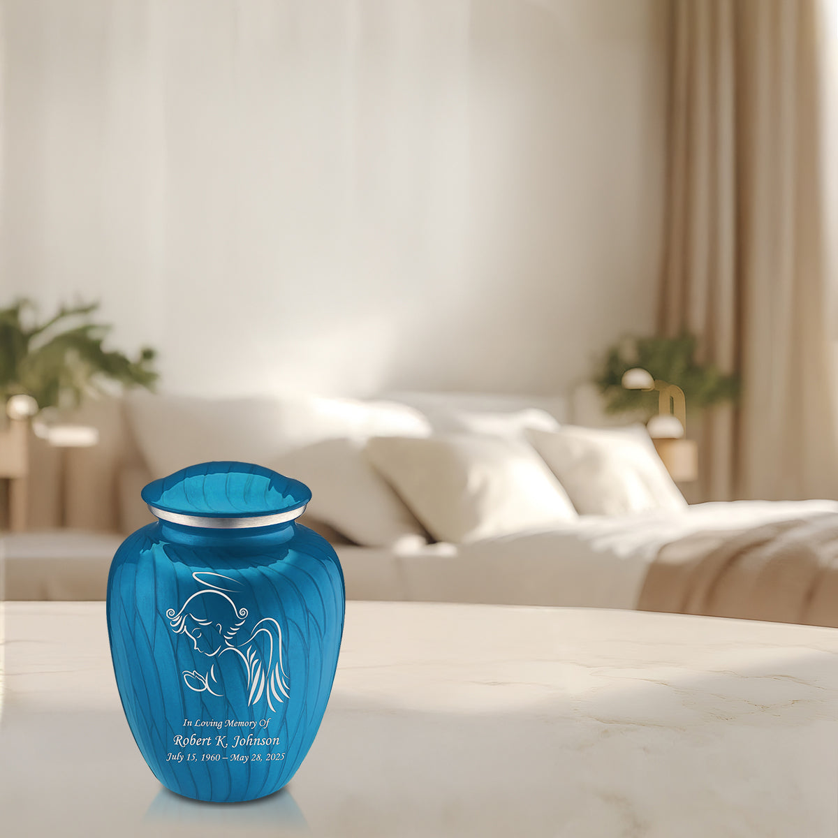 Medium Embrace Pearl Racing Blue Angel Cremation Urn