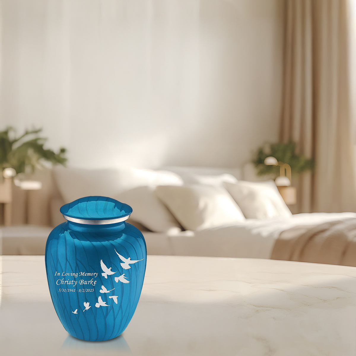 Medium Embrace Pearl Racing Blue Doves Cremation Urn