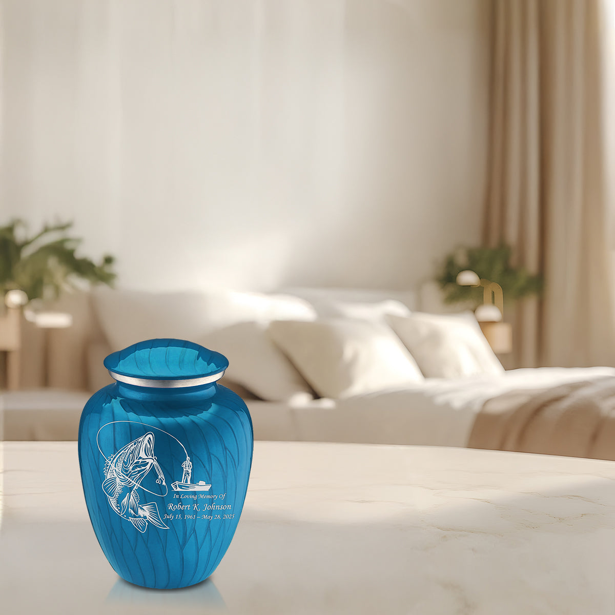 Medium Embrace Pearl Racing Blue Fishing Cremation Urn