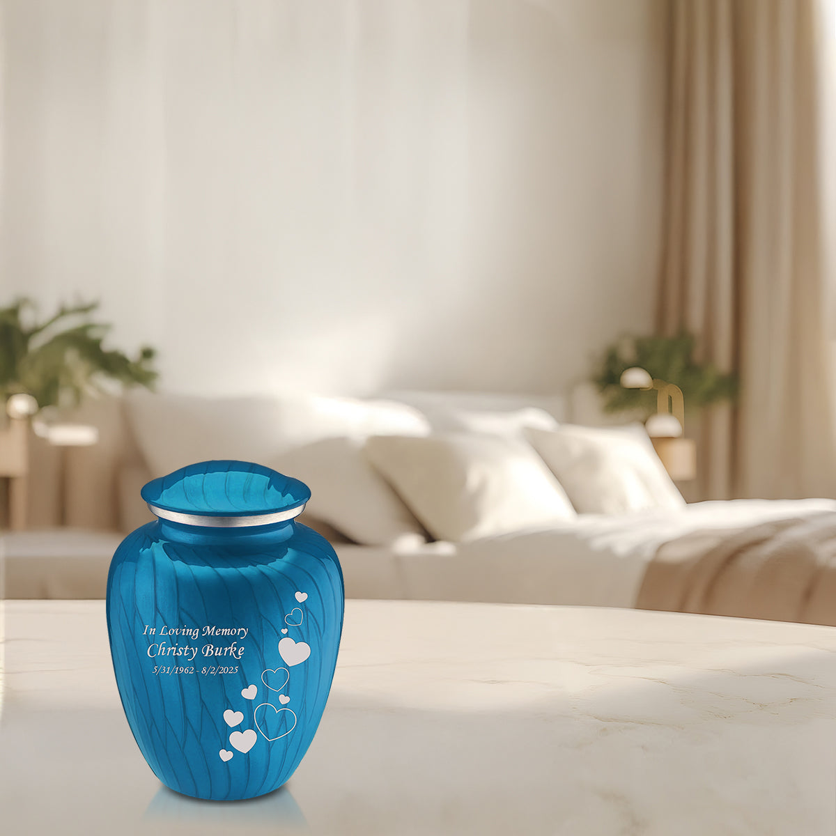 Medium Embrace Pearl Racing Blue Floating Heart Cremation Urn