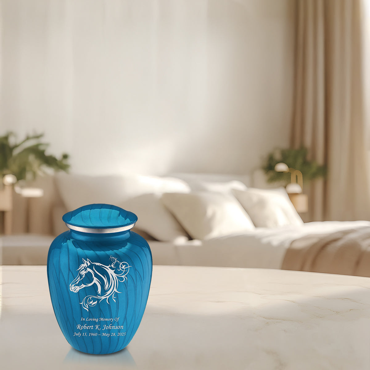 Medium Embrace Pearl Racing Blue Horse Cremation Urn