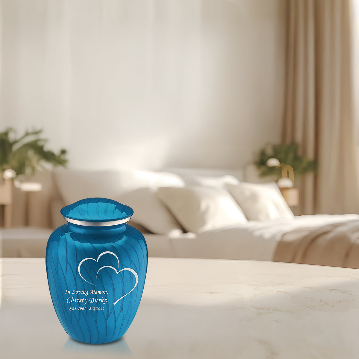Medium Embrace Pearl Racing Blue Hearts Cremation Urn