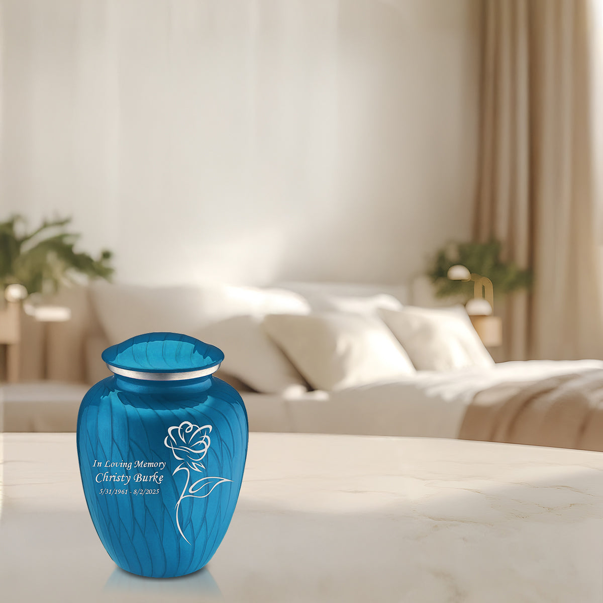 Medium Embrace Pearl Racing Blue Rose Cremation Urn