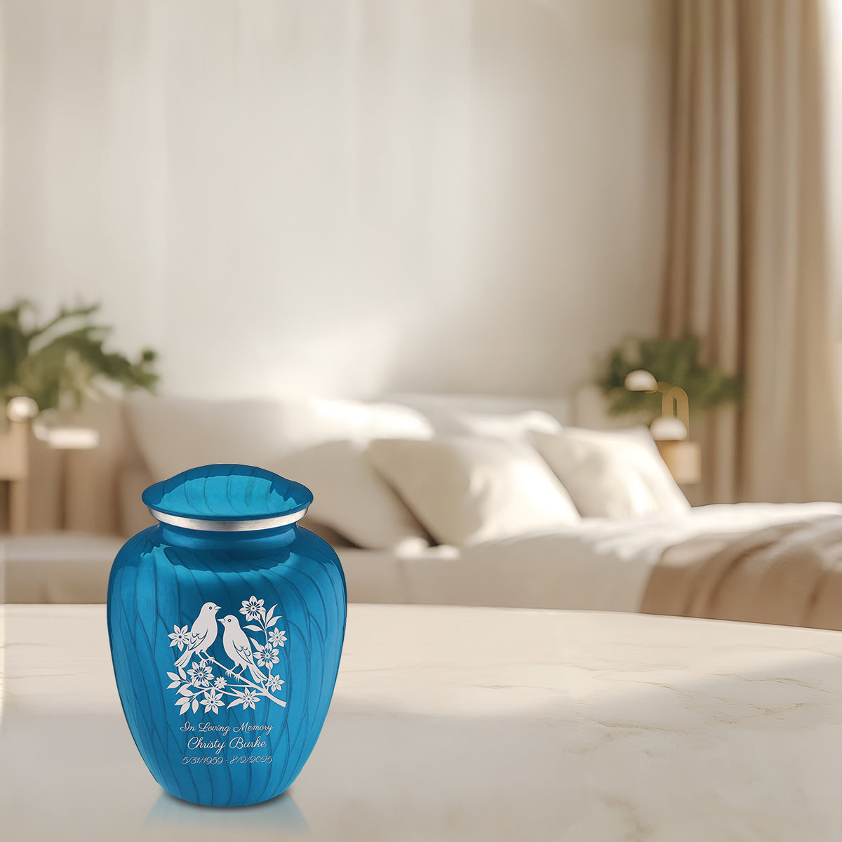 Medium Embrace Pearl Racing Blue Songbirds Cremation Urn