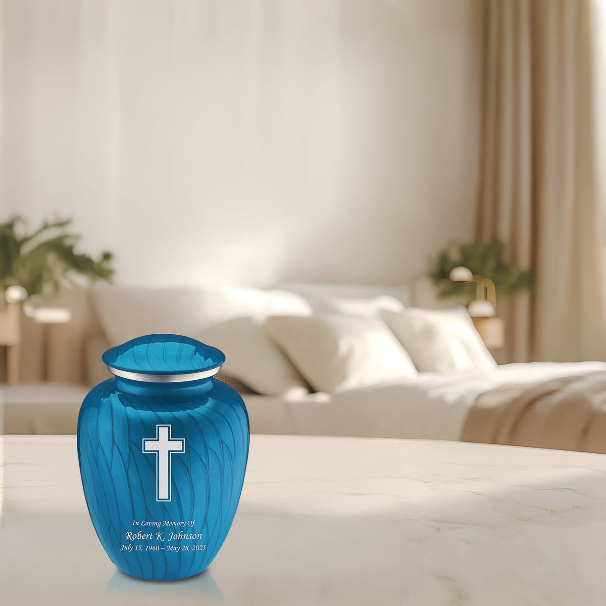 Medium Embrace Pearl Racing Blue Simple Cross Cremation Urn