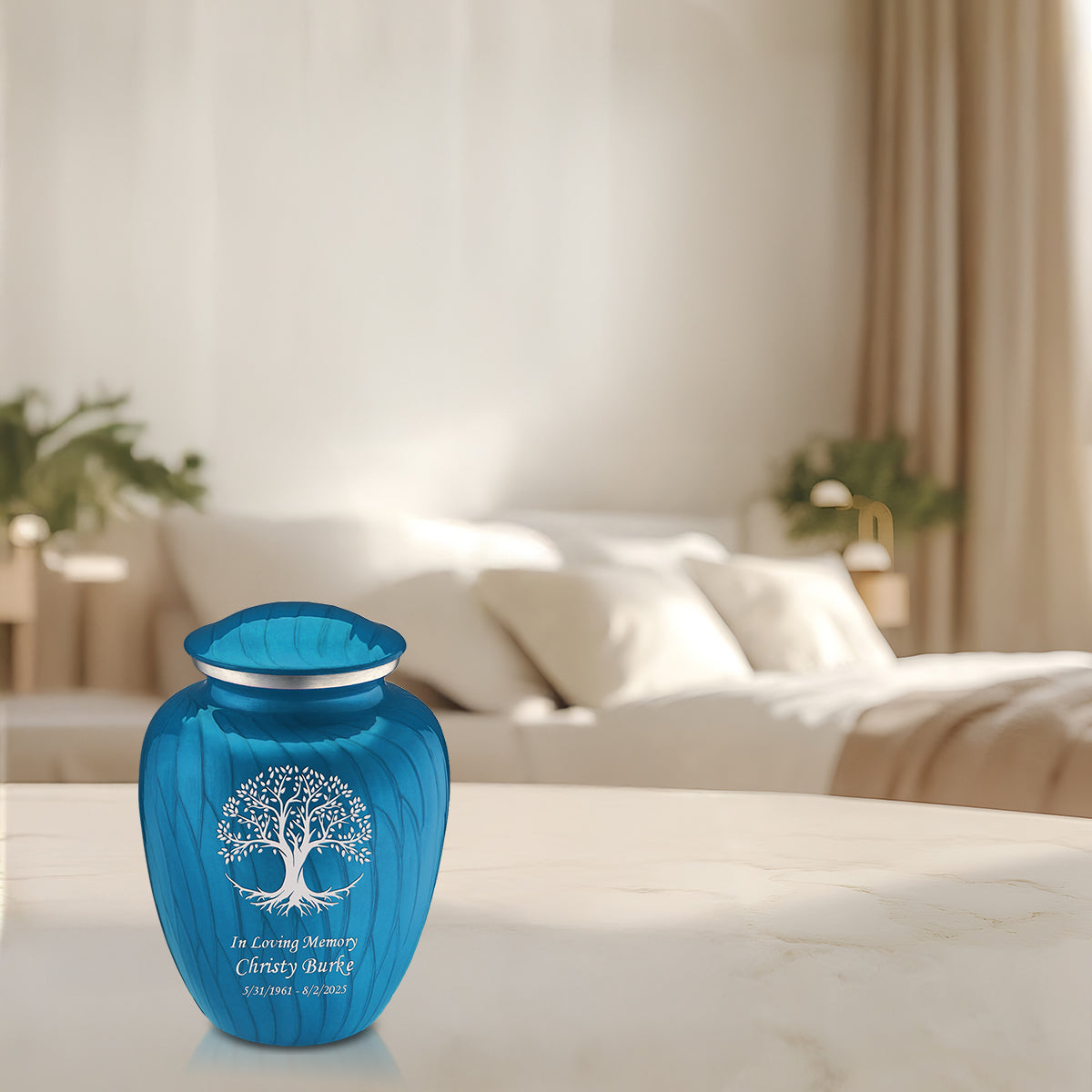 Medium Embrace Pearl Racing Blue Tree of Life Cremation Urn