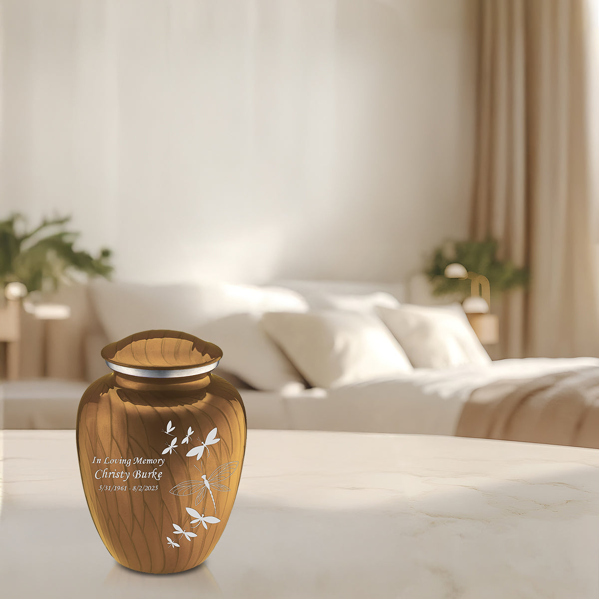 Medium Embrace Pearl Gold Dragonflies Cremation Urn