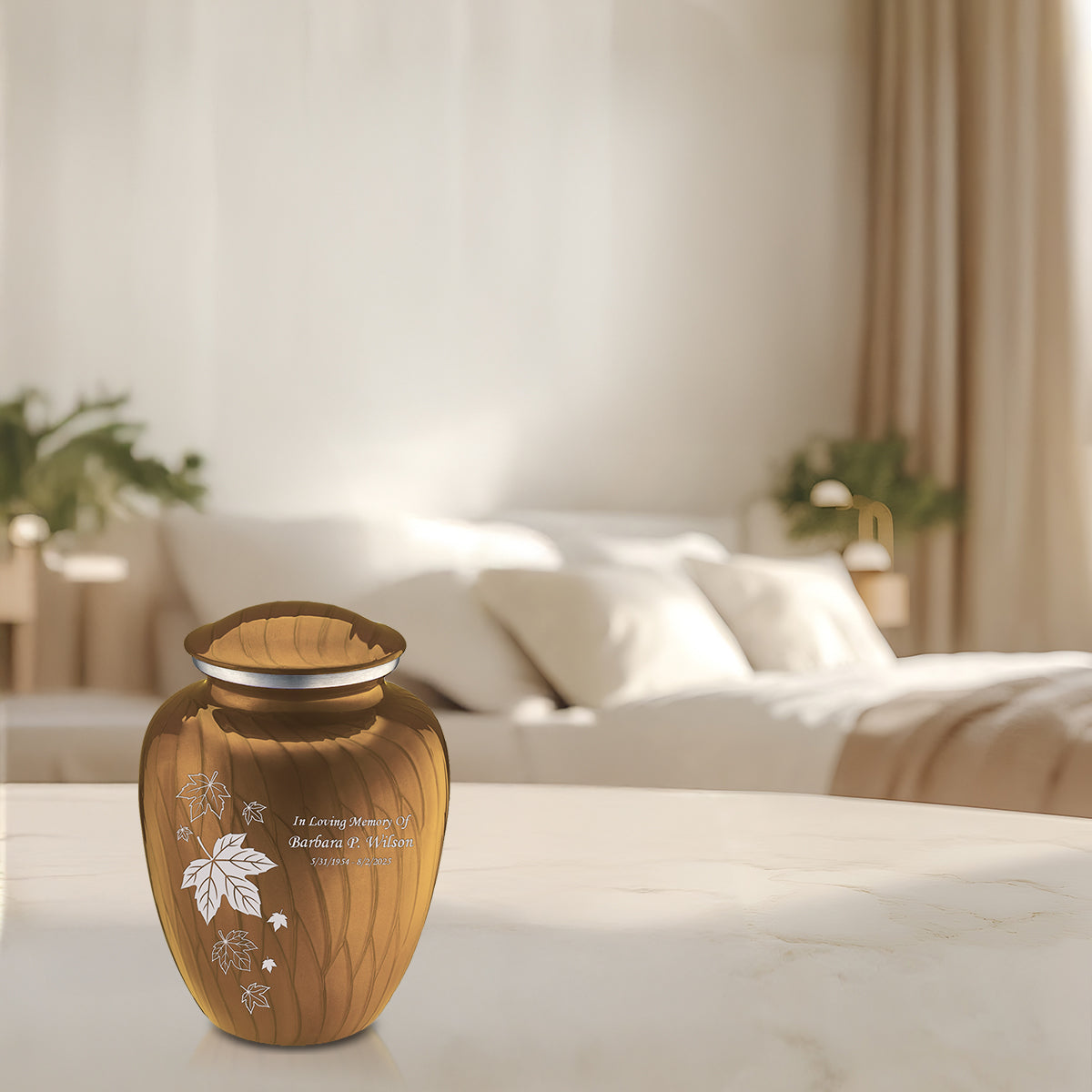 Medium Embrace Pearl Gold Falling Leaves Cremation Urn