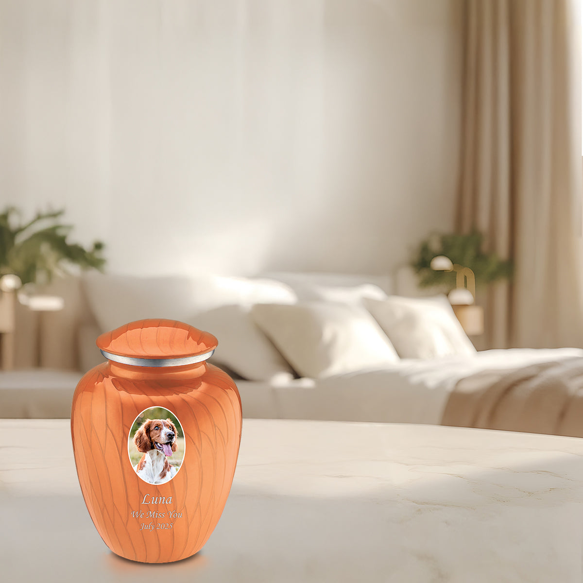 Medium Pet Embrace Pearl Orange Portrait Cremation Urn