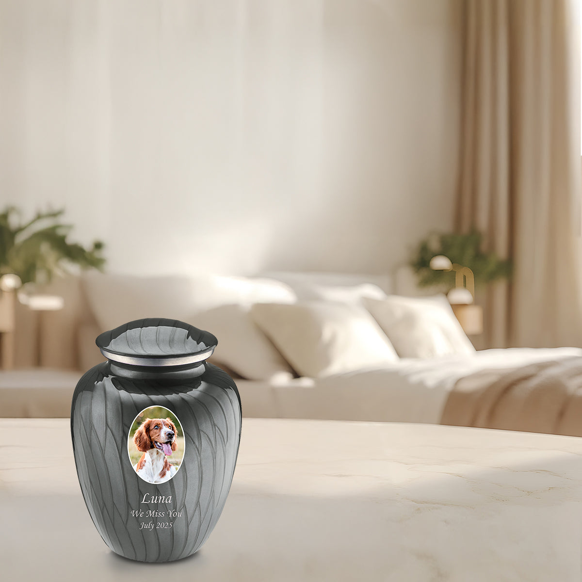 Medium Pet Embrace Pearl Silver Portrait Cremation Urn