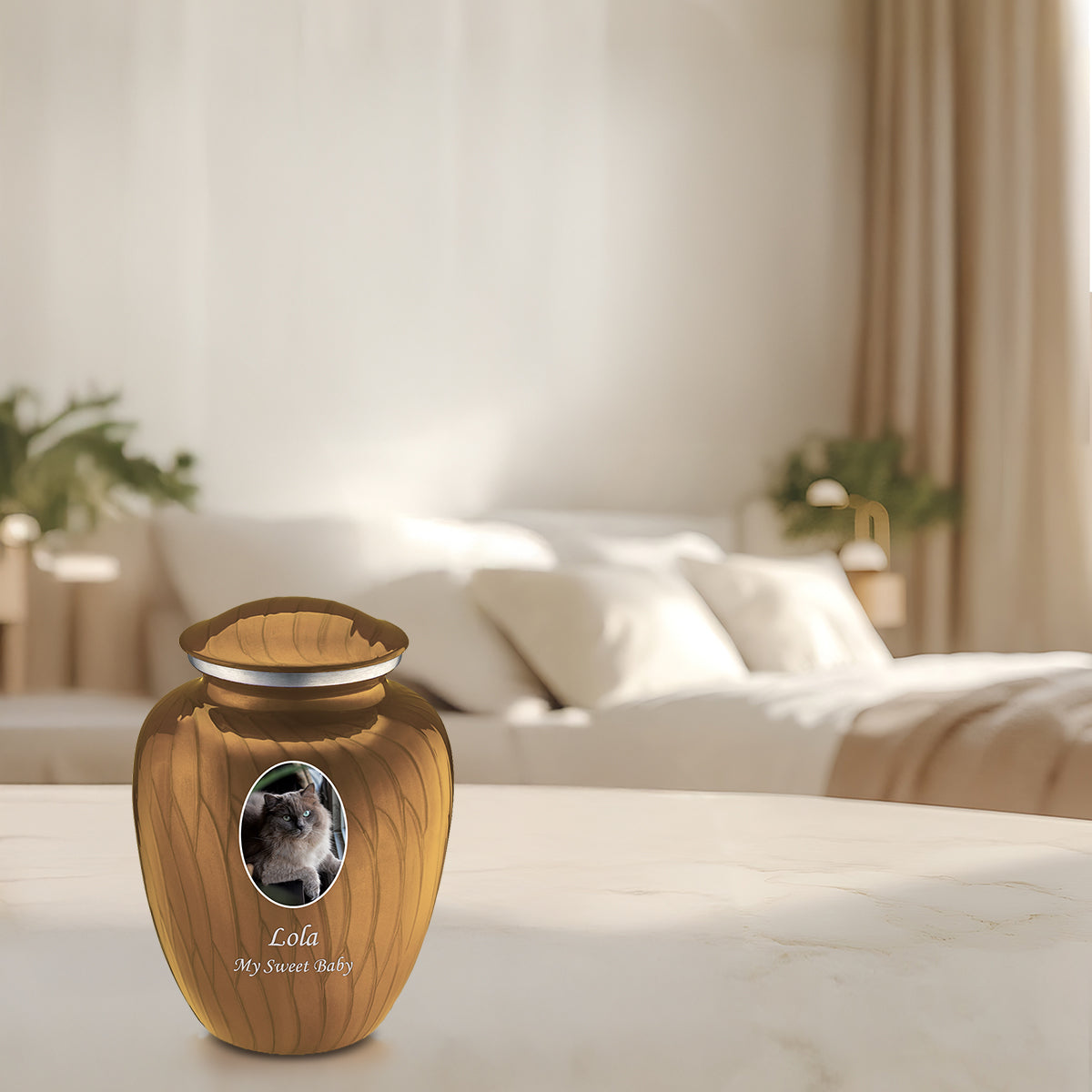Medium Pet Embrace Pearl Gold Portrait Cremation Urn