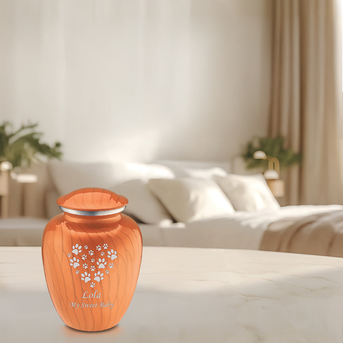 Medium Embrace Pearl Orange Heart Paws Pet Cremation Urn