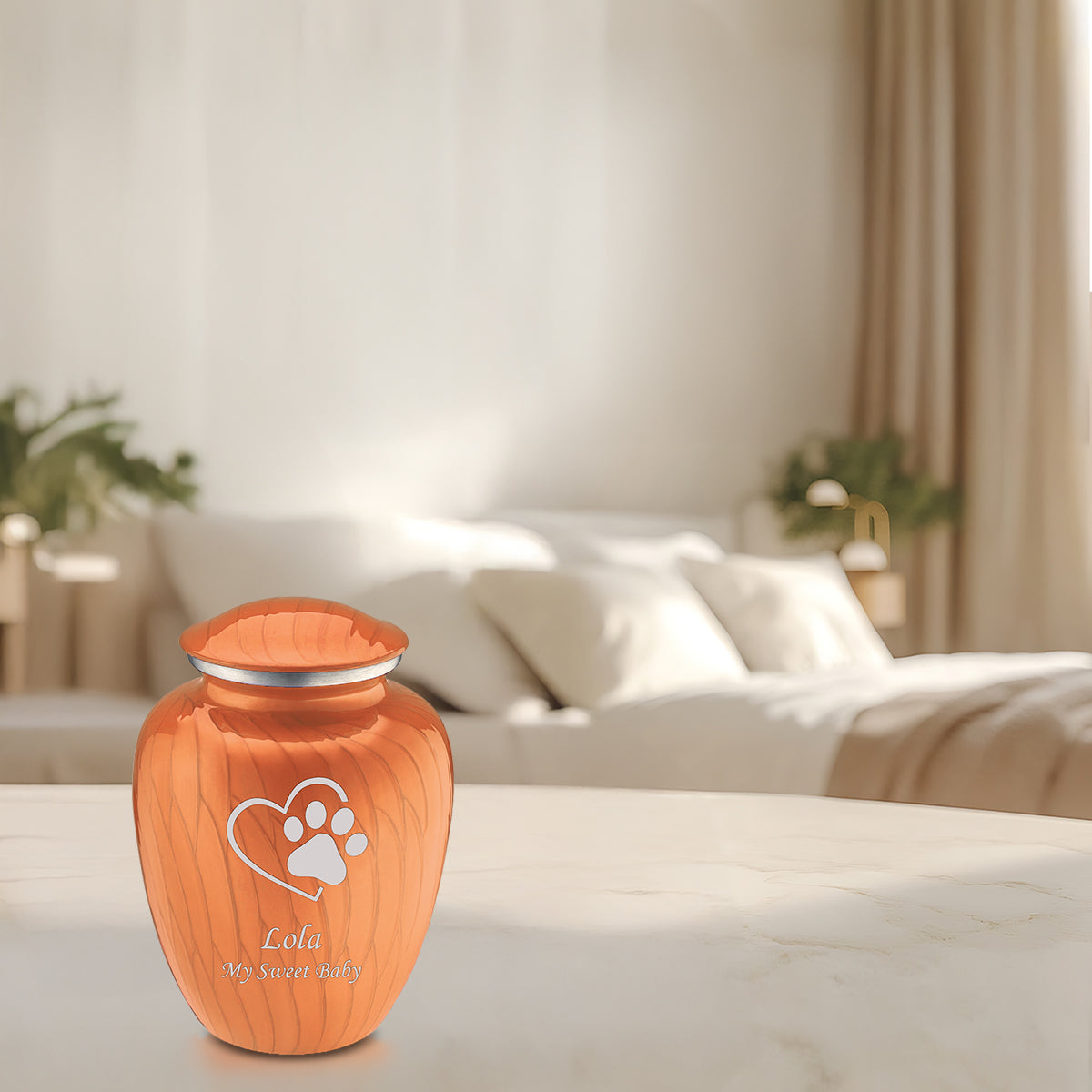 Medium Embrace Pearl Orange Single Paw Heart Pet Cremation Urn