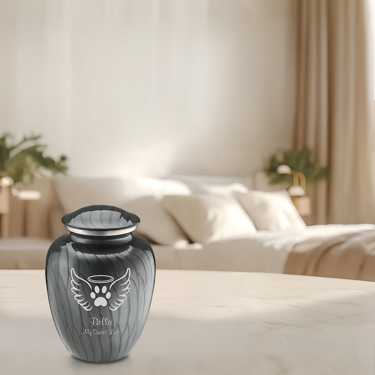 Medium Embrace Pearl Silver Pet Angel Wings Cremation Urn