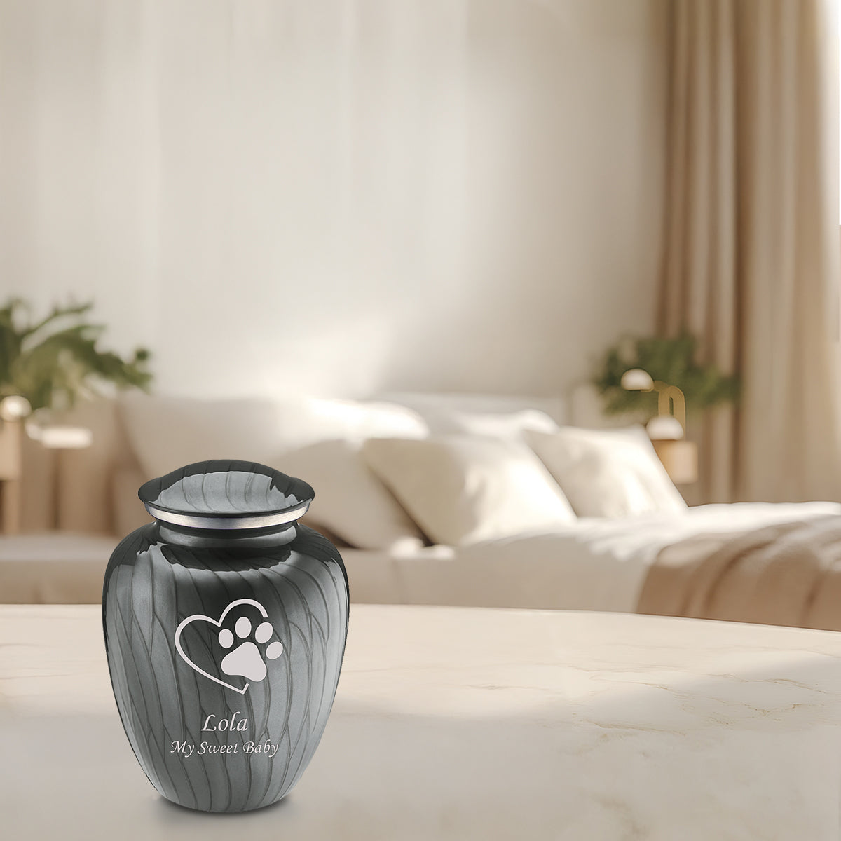 Medium Embrace Pearl Silver Single Paw Heart Pet Cremation Urn