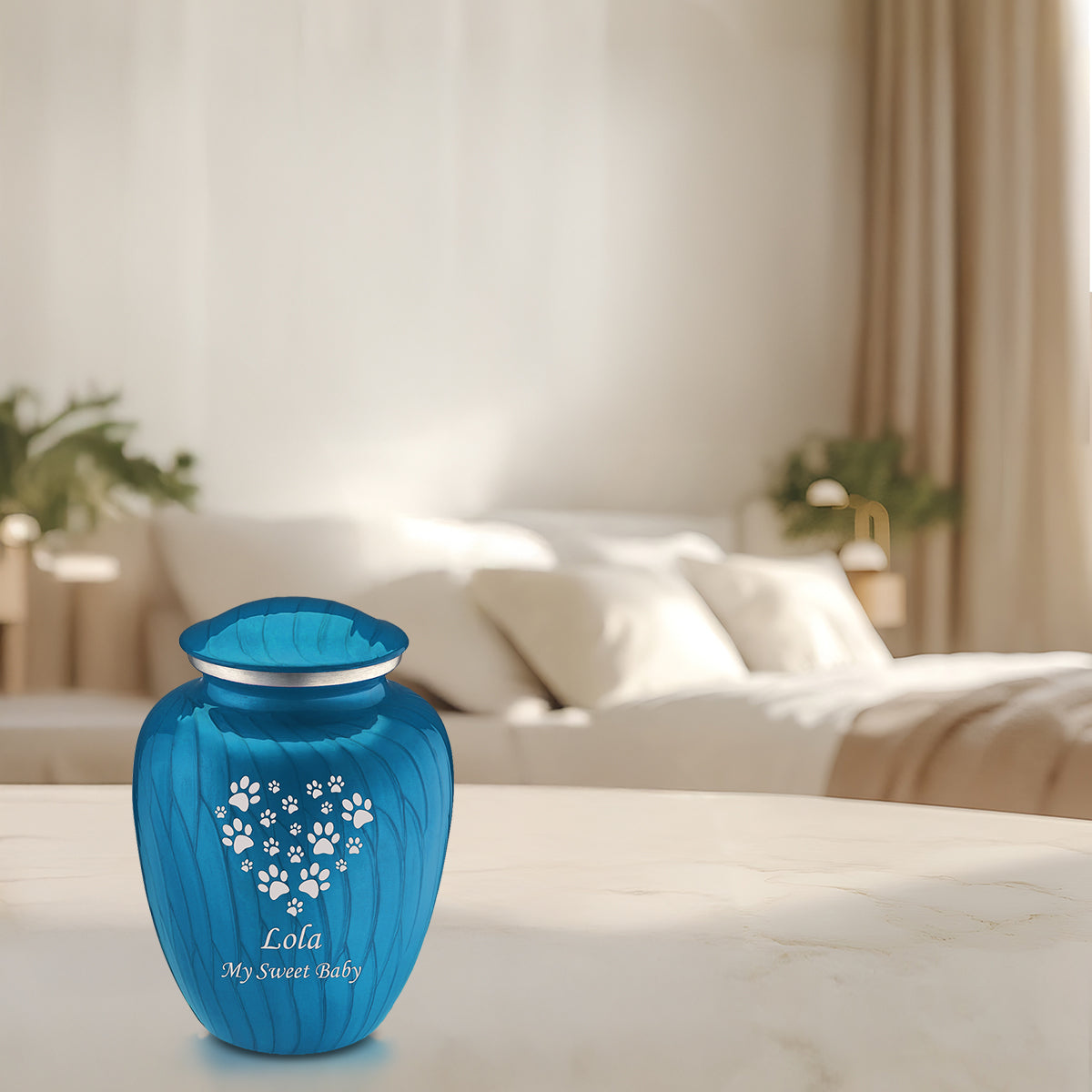 Medium Embrace Pearl Racing Blue Heart Paws Pet Cremation Urn