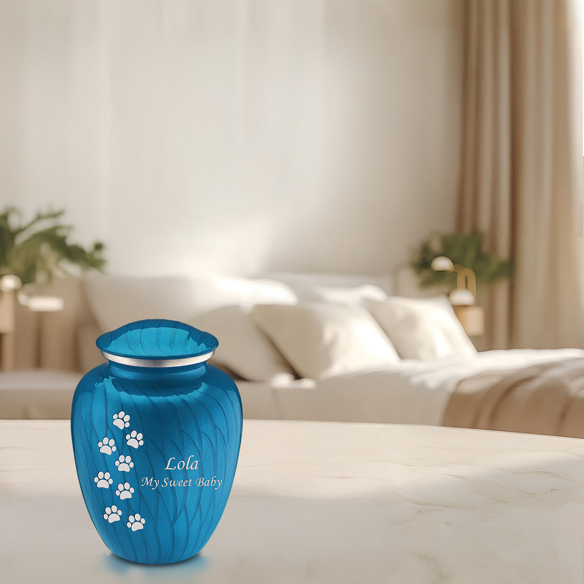Medium Embrace Pearl Racing Blue Walking Paws Pet Cremation Urn