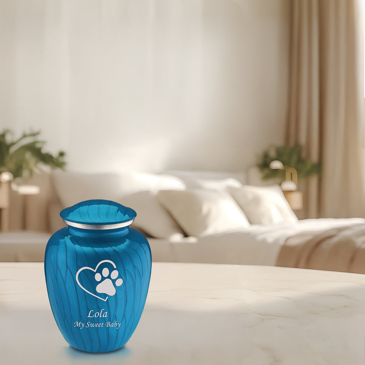 Medium Embrace Pearl Racing blue Single Paw Heart Pet Cremation Urn