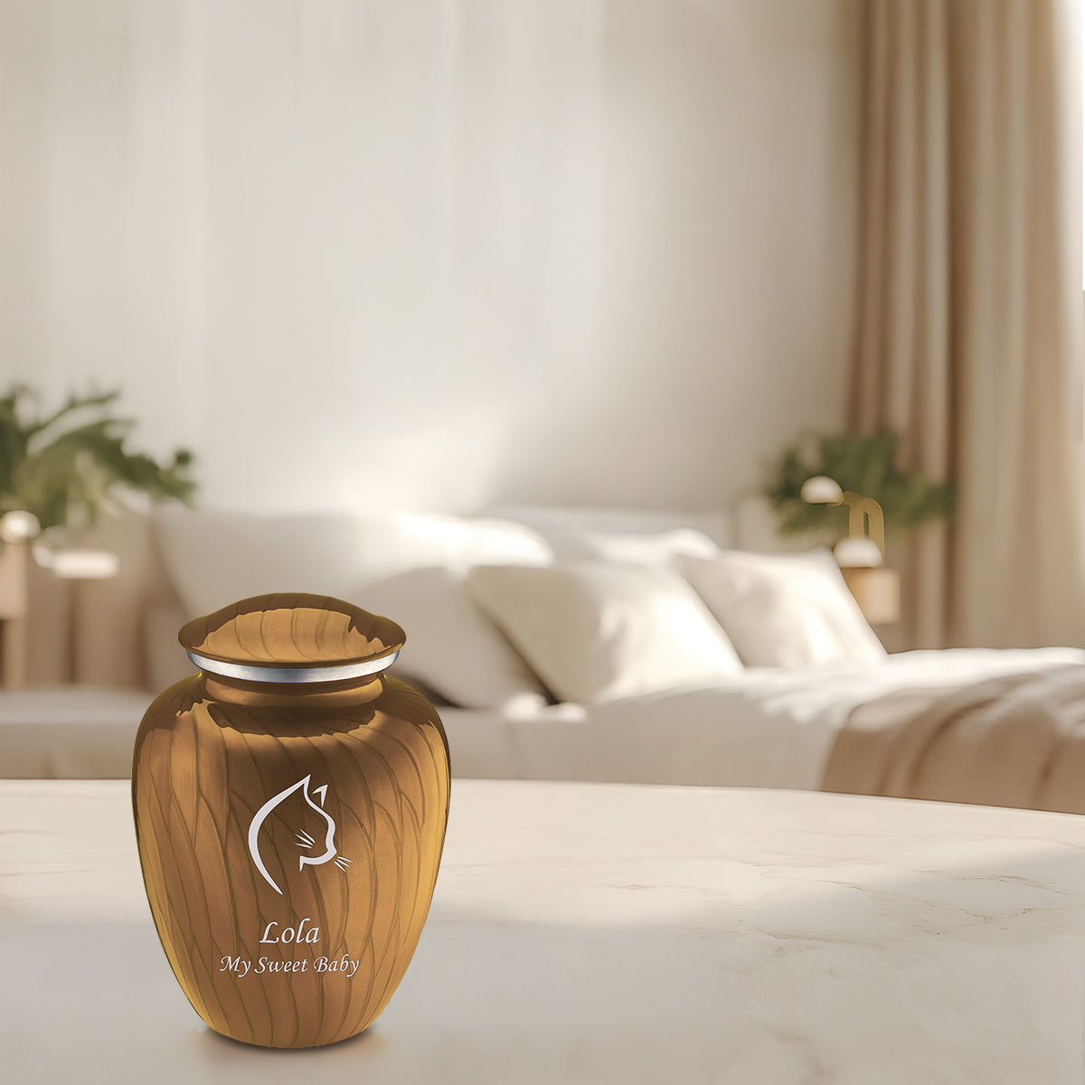Medium Embrace Pearl Gold Cat Pet Cremation Urn