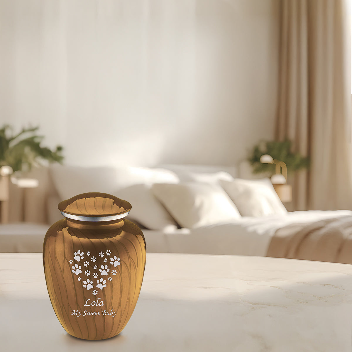 Medium Embrace Pearl Gold Heart Paws Pet Cremation Urn