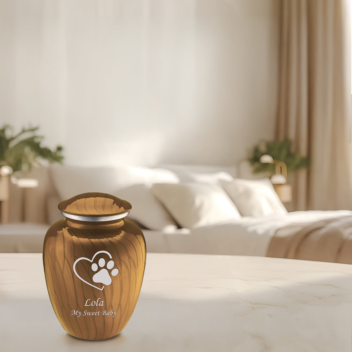 Medium Embrace Pearl Gold Single Paw Heart Pet Cremation Urn