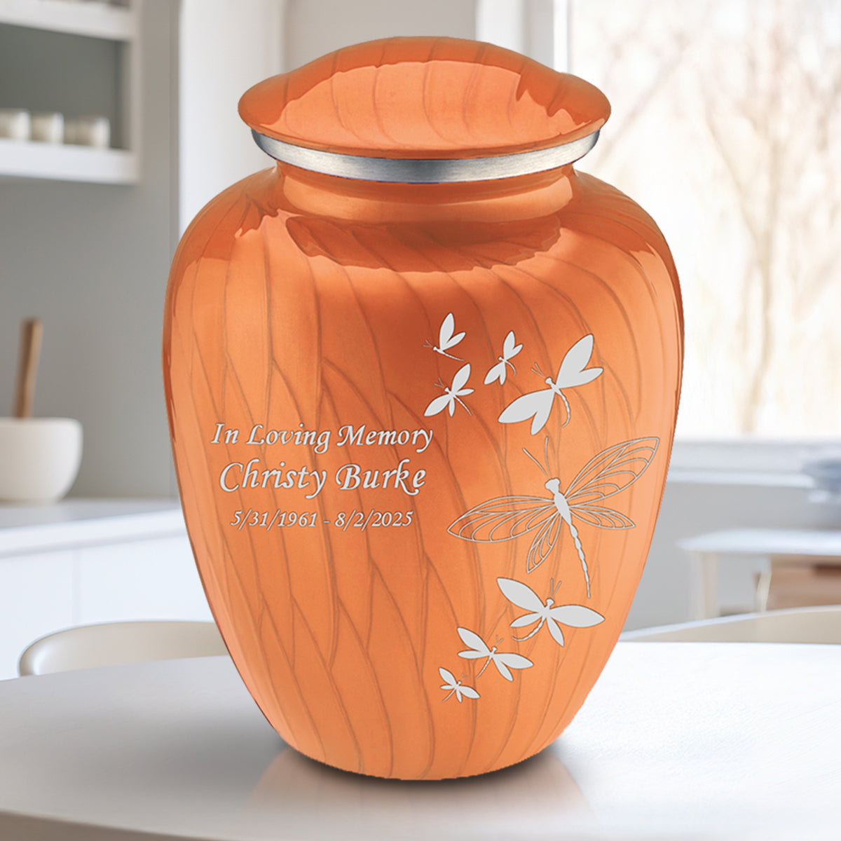 Adult Embrace Pearl Orange Dragonflies Cremation Urn