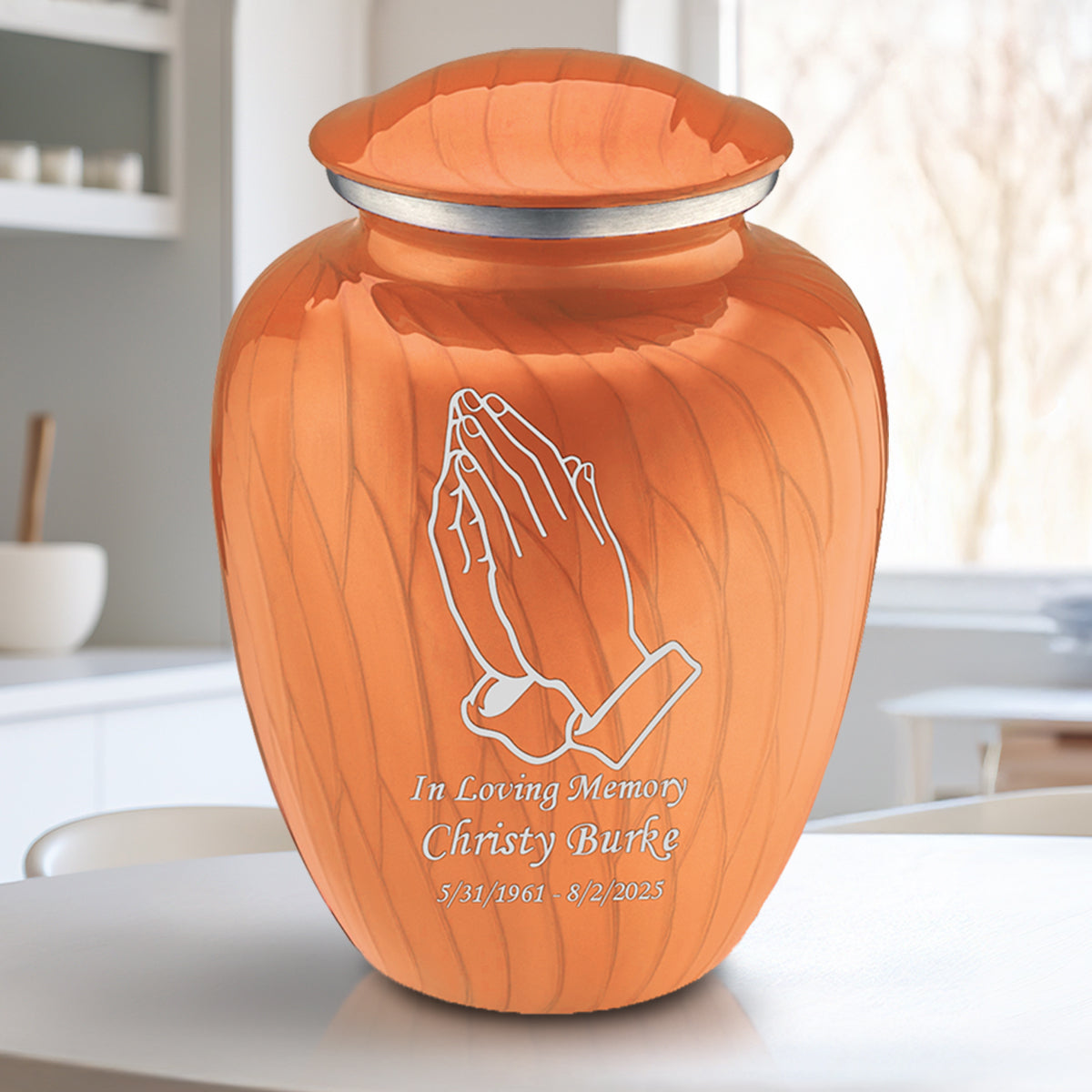 Adult Embrace Pearl Orange Praying Hands Cremation Urn