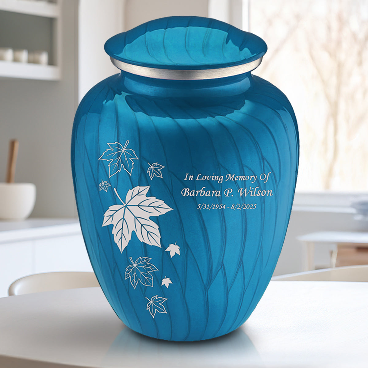 Adult Embrace Pearl Racing Blue Falling Leaves Cremation Urn