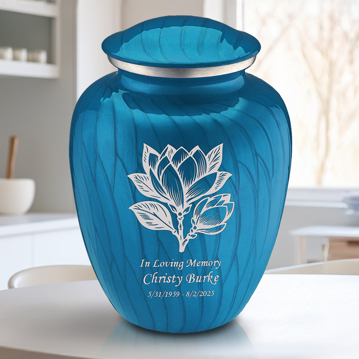 Adult Embrace Pearl Racing Blue Magnolia Flower Cremation Urn
