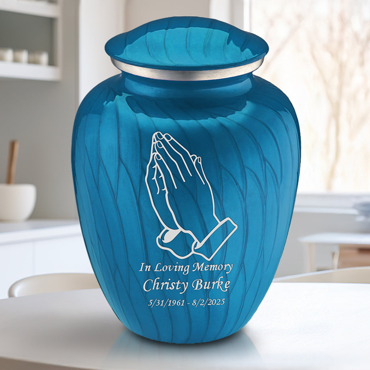 Adult Embrace Pearl Racing Blue Praying Hands Cremation Urn