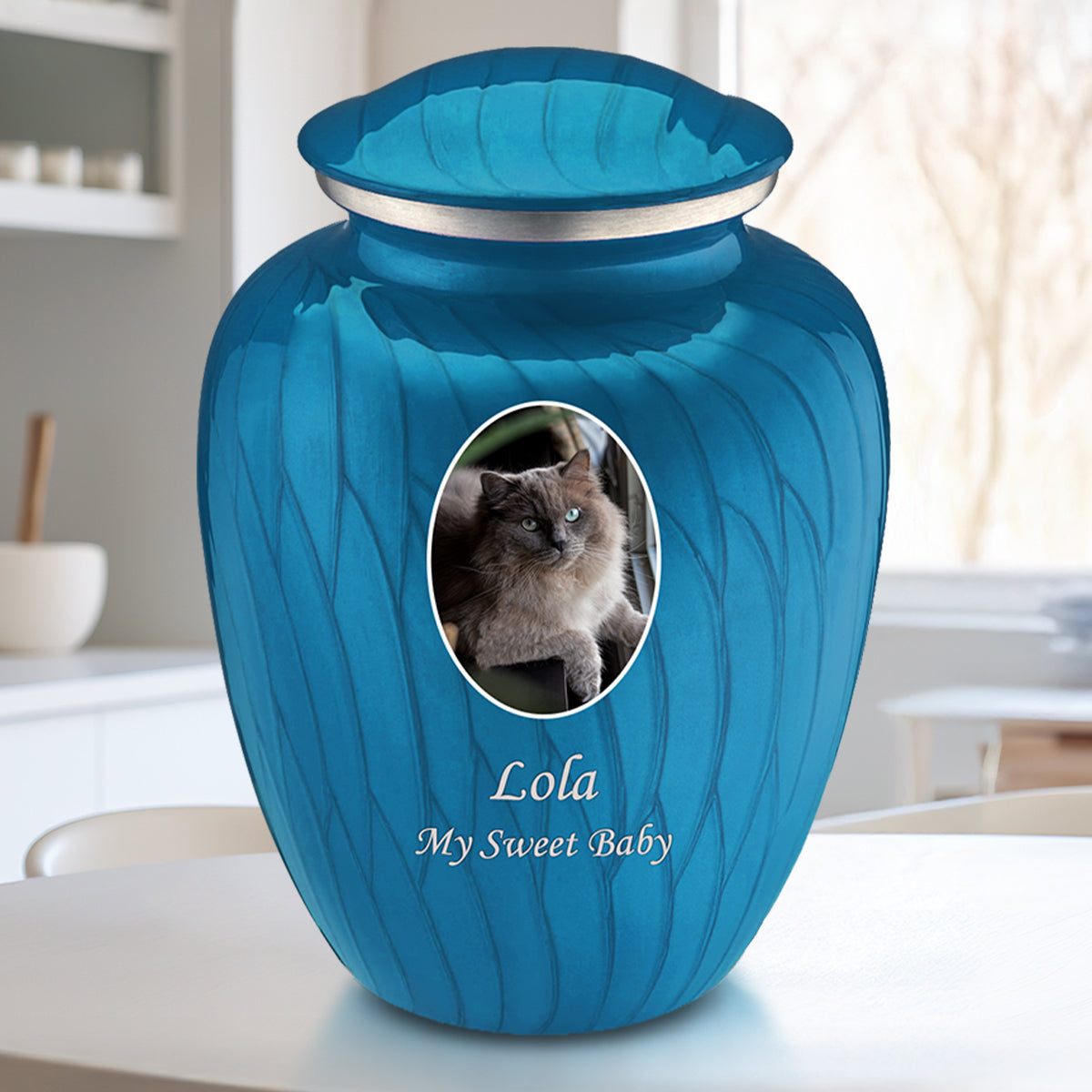Adult Pet Embrace Pearl Racing Blue Portrait Cremation Urn