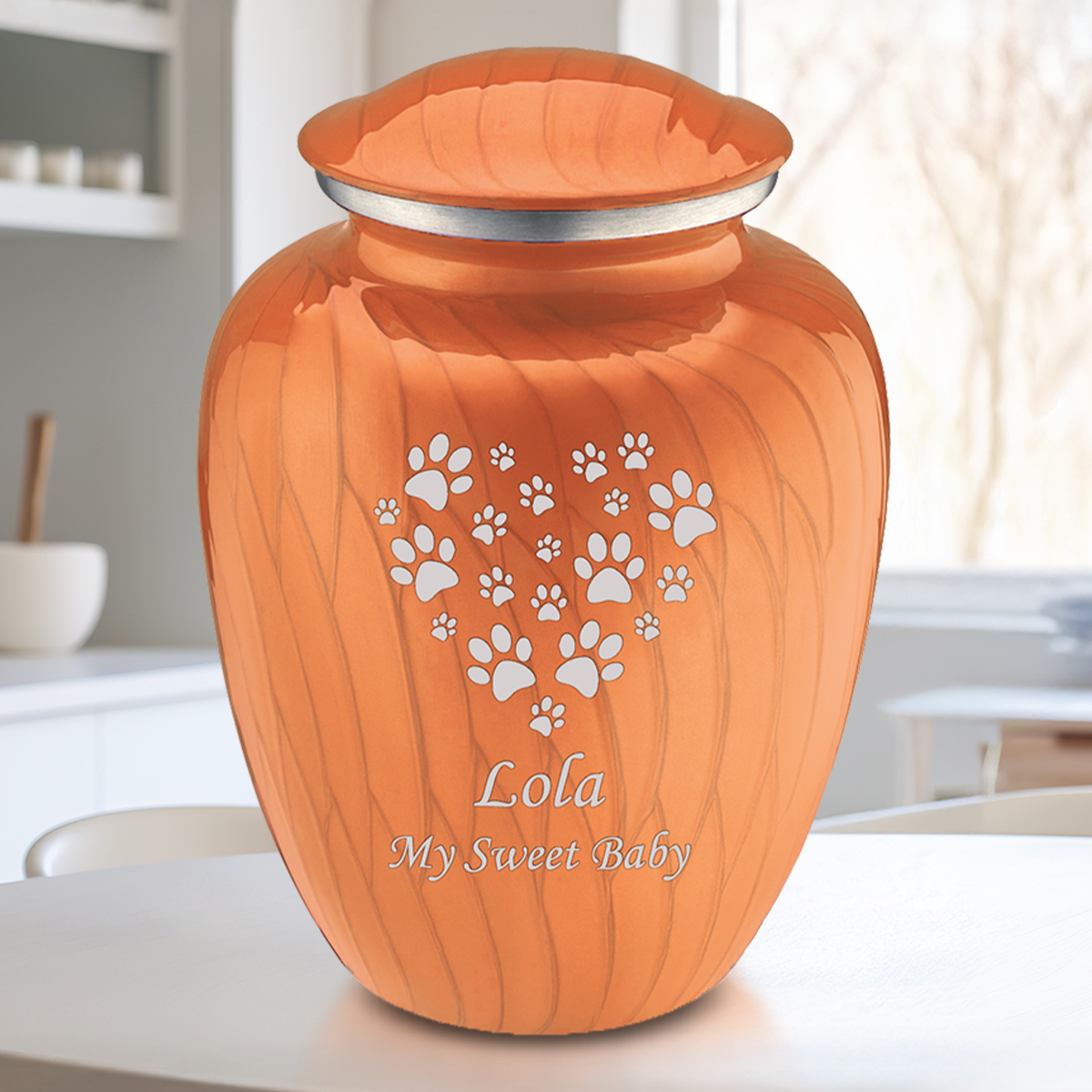 Large Embrace Pearl Orange Heart Paws Pet Cremation Urn
