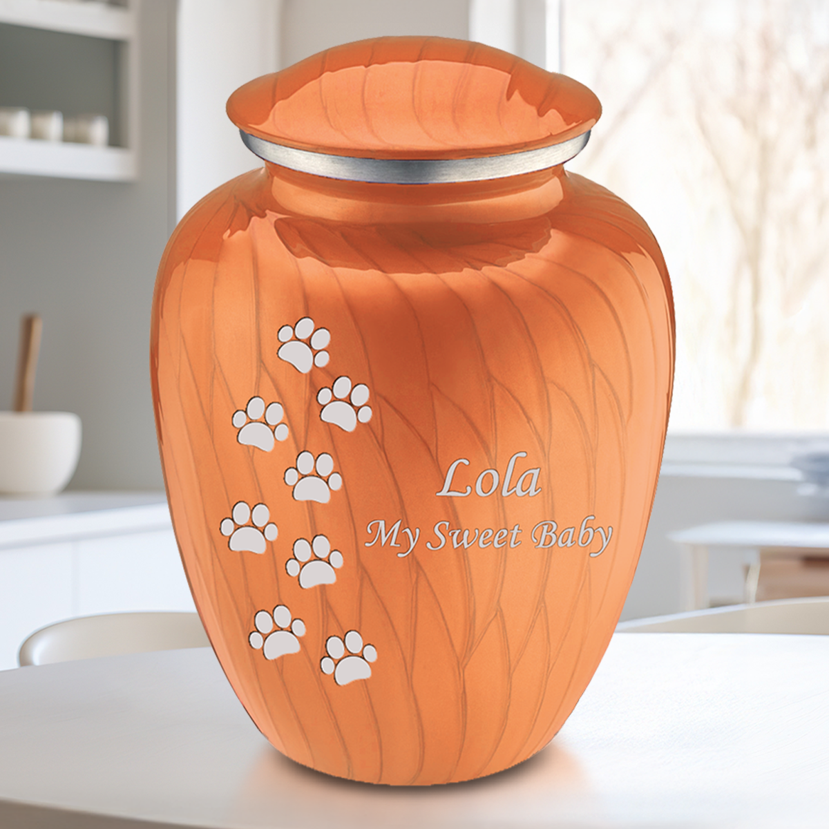 Large Embrace Pearl Orange Walking Paws Pet Cremation Urn