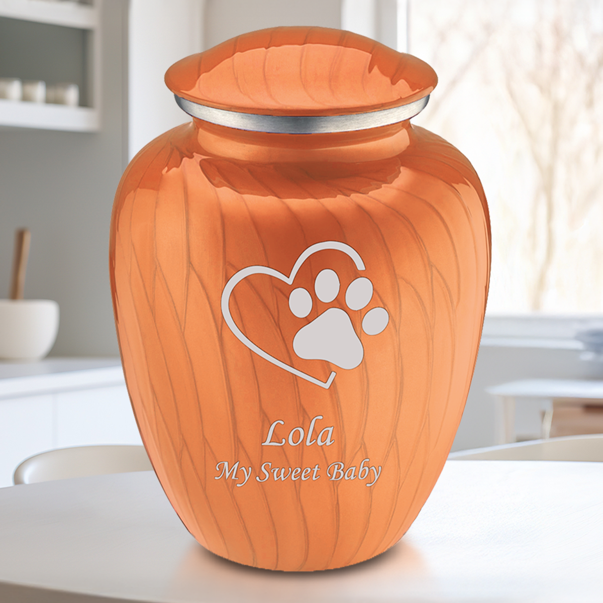 Large Embrace Pearl Orange Single Paw Heart Pet Cremation Urn