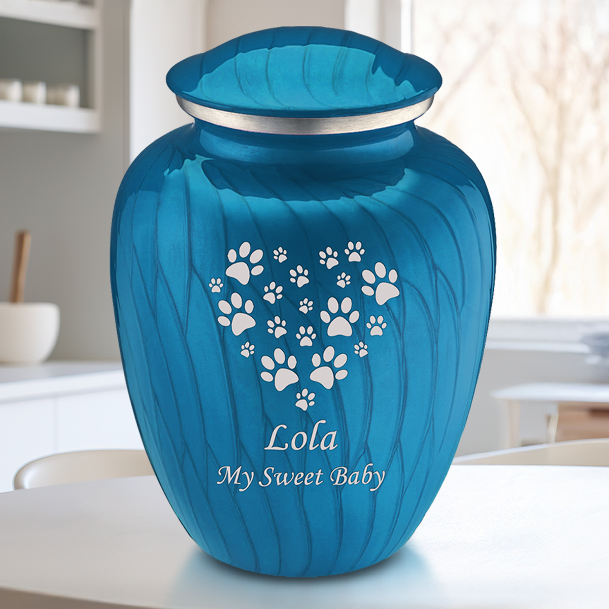 Large Embrace Pearl Racing Blue Heart Paws Pet Cremation Urn