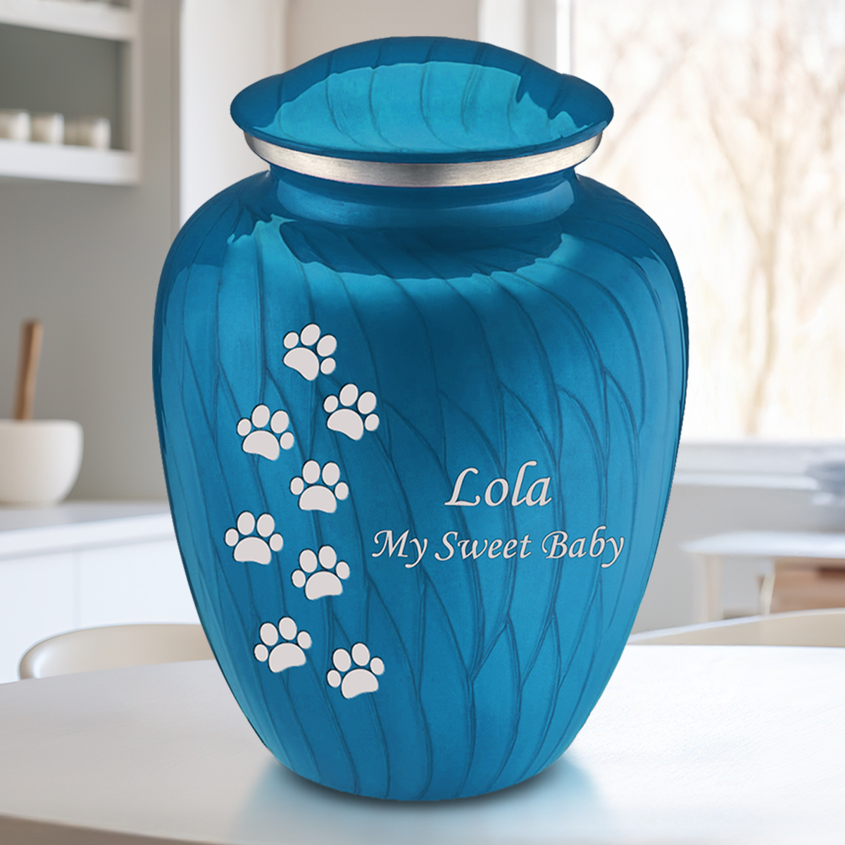 Large Embrace Pearl Racing Blue Walking Paws Pet Cremation Urn