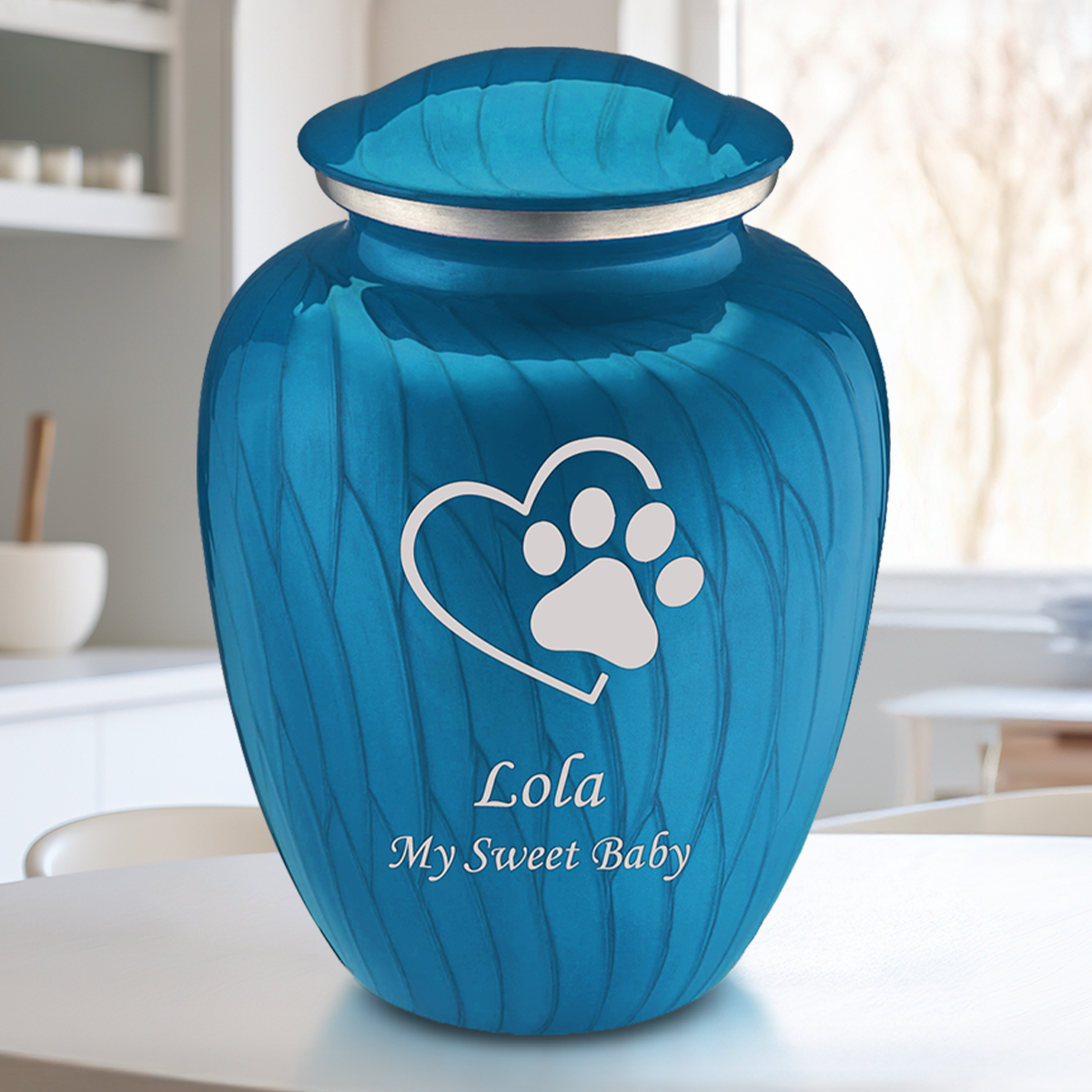 Large Embrace Pearl Racing Blue Single Paw Heart Pet Cremation Urn