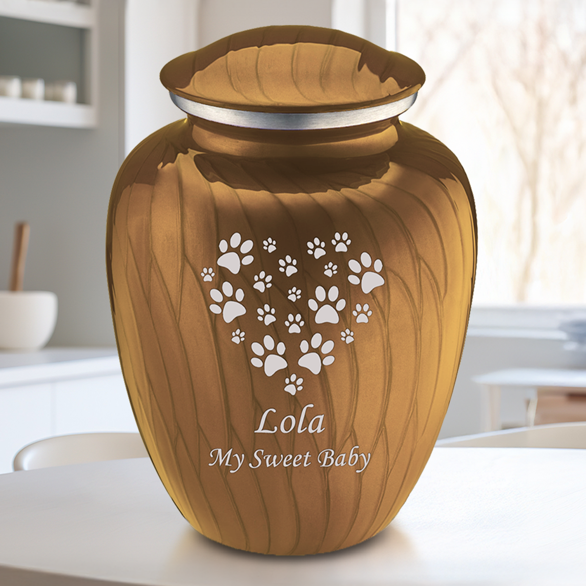 Large Embrace Pearl Gold Heart Paws Pet Cremation Urn
